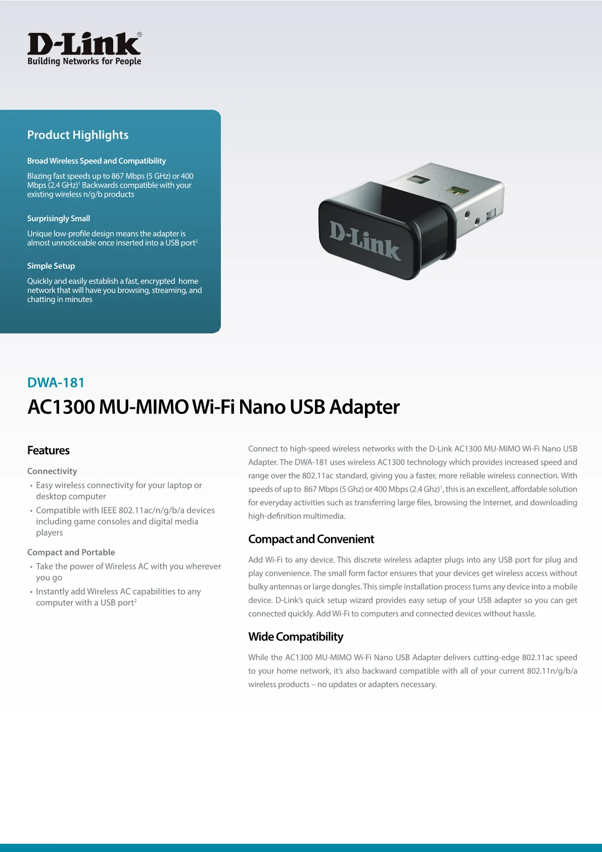 Dlink Wireless Ac Mu Mimo Nano Usb Adapter Dwa