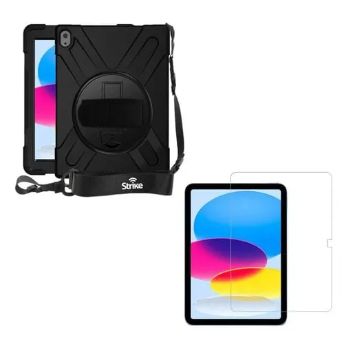 Strike Rugged Case with Hand Strap and Lanyard and Tempered Glass Screen Protector Bundle For Apple iPad 10.9 (10th Gen)