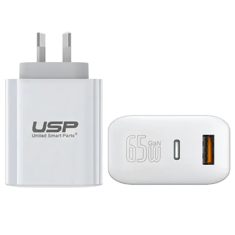 USP 65W Dual Port GaN Fast Wall Charger - White, 1xUSB-C(45W PD), 1xUSB-A(18W QC 3.0), Intelligent PPS Technology, 2 Years Warranty