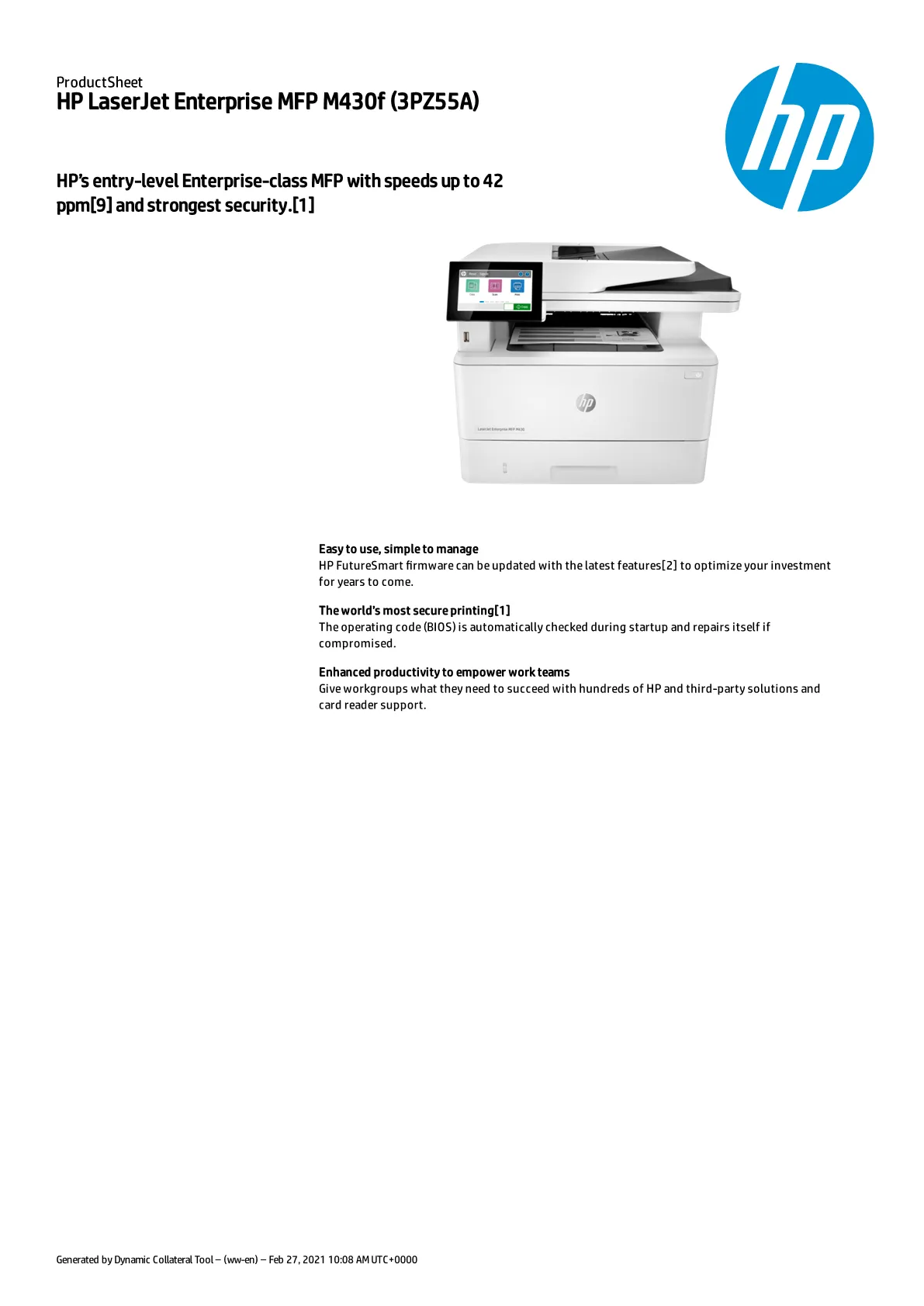 HP LASER ENT M430F MONO MFP. PRINT- COPY- SCAN- FAX - 3PZ55A