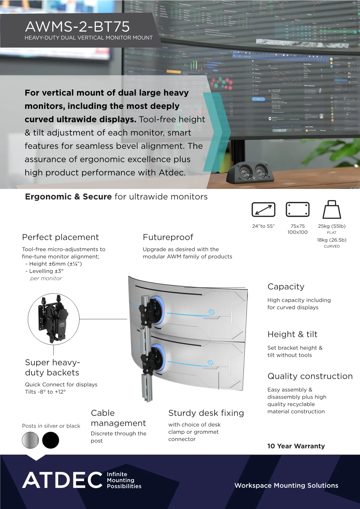 ATDEC Atdec Heavy Duty Vertical Dual Monit - AWMS-2-BT75-H-B