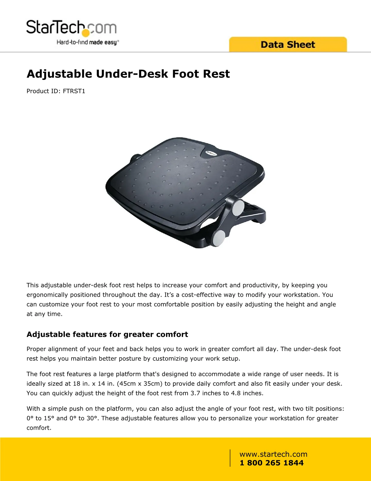 Startech.Com Under Desk Foot Rest 18In X 14In Adjustable Height and Angle  Foot Stool Footrest For Desk Office Foot Rest Ftrst1 