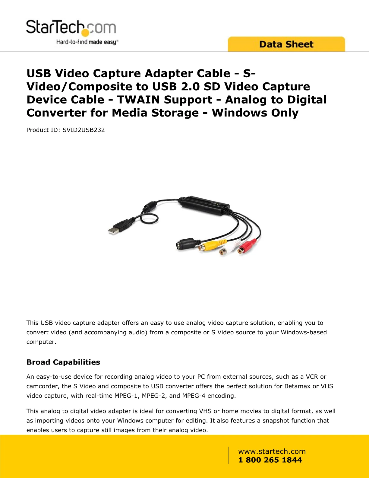 Product  StarTech.com USB Video Capture Adapter Cable, S-Video/Composite  to USB 2.0 SD Video Capture Device Cable, TWAIN Support, Analog to Digital  Converter for Media Storage, For Windows Only - SD Video