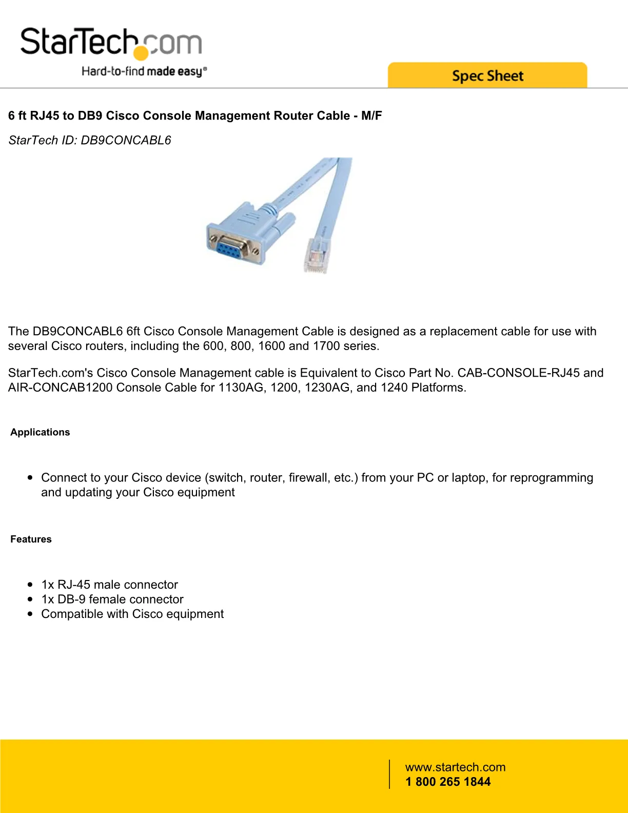 StarTech.com Cisco console router cable - RJ45 (m) - DB9 (f) - 6 ft -  DB9CONCABL6 - Serial Cables 