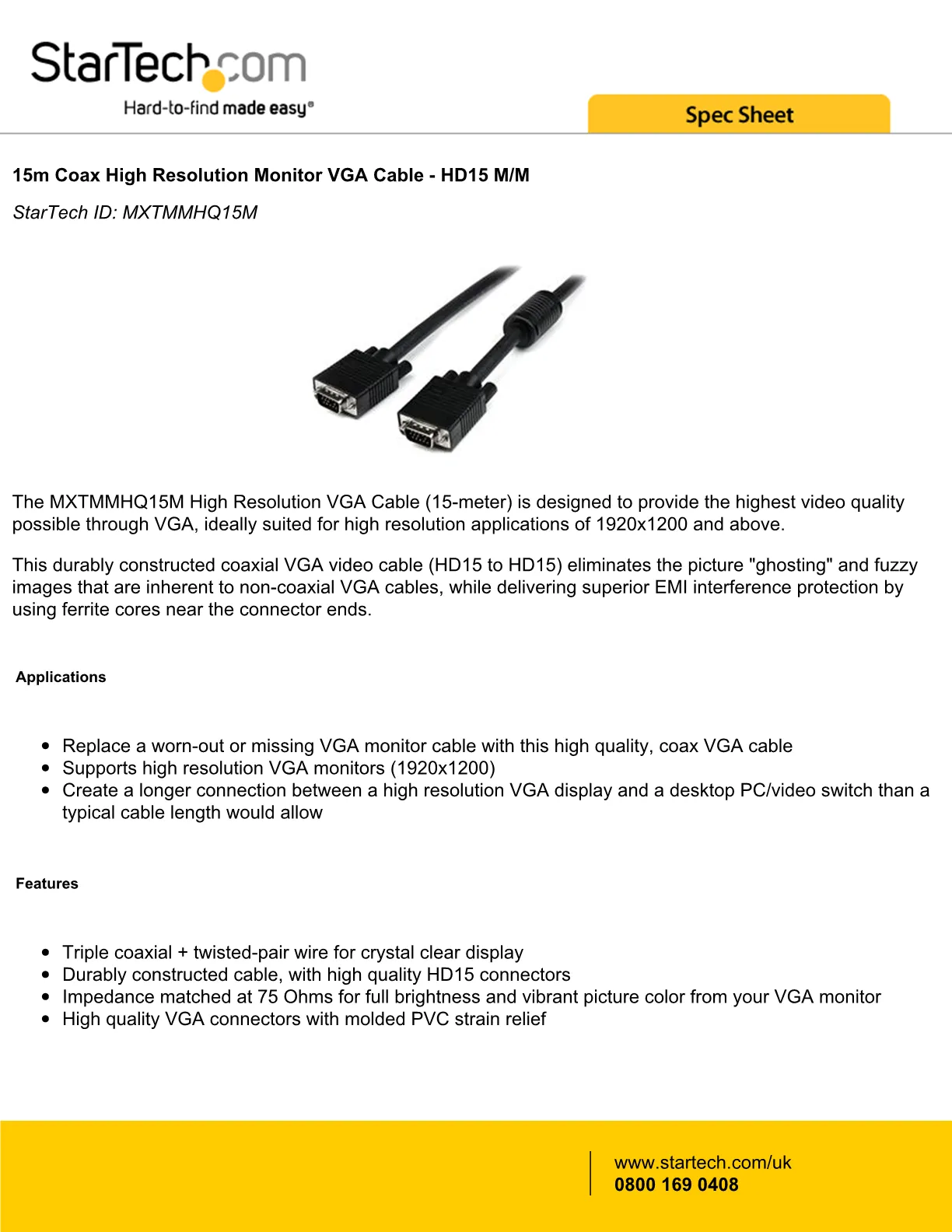 15m Coax High Resolution Monitor VGA Cable - HD15 M/M