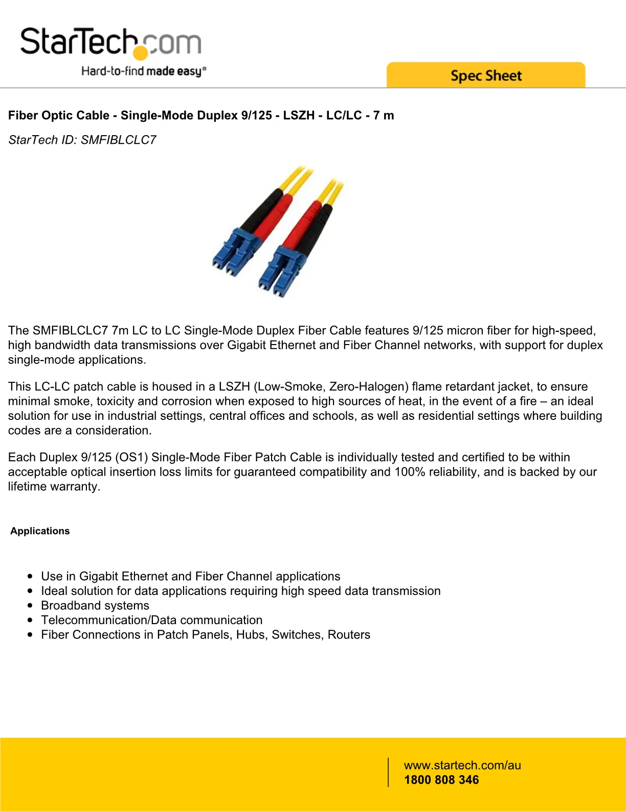 STARTECH 7M SINGLE MODE DUPLEX FIBER PATCH CABL - SMFIBLCLC7