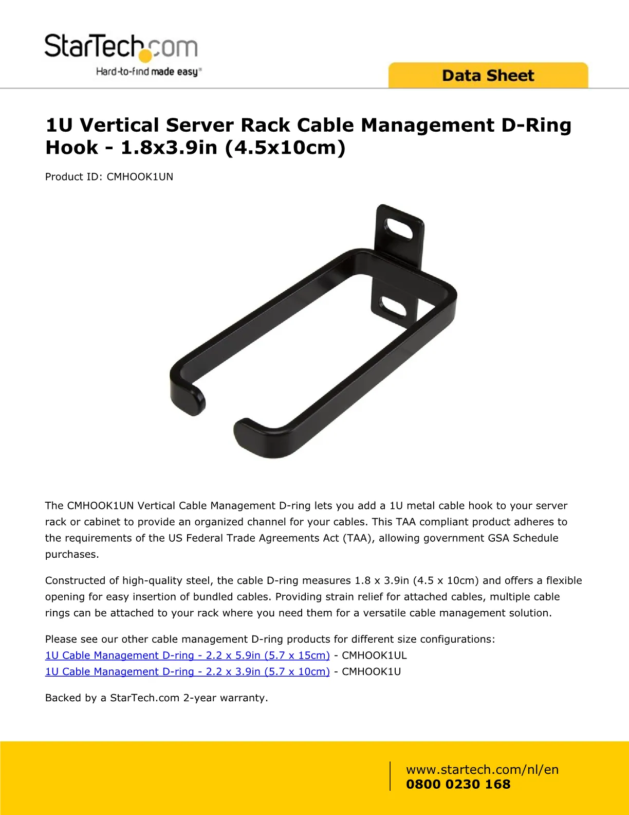 StarTech.com CMHOOK1U 1U Vertical Server Rack Cable Management D Ring Hook