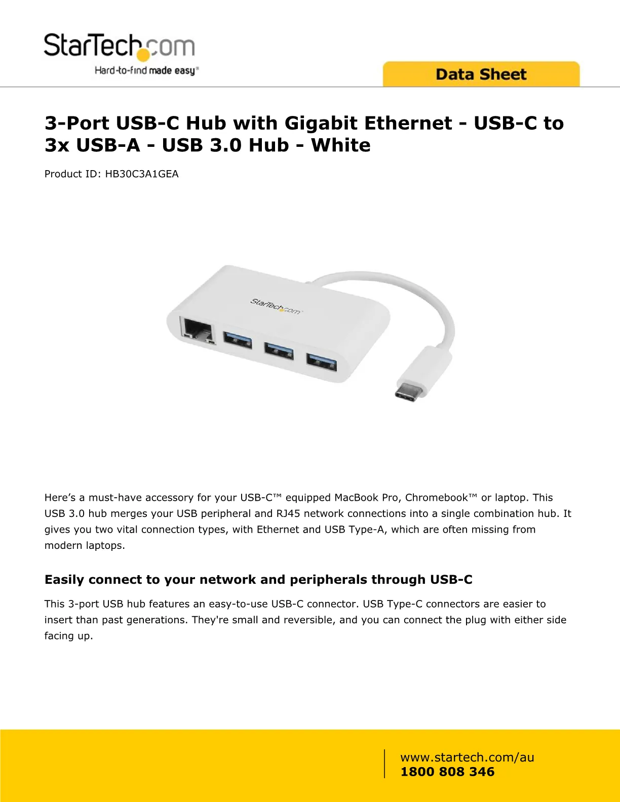 STARTECH 3 PORT USB-C HUB W/ GBE - USB-C TO 3X - HB30C3A1GEA