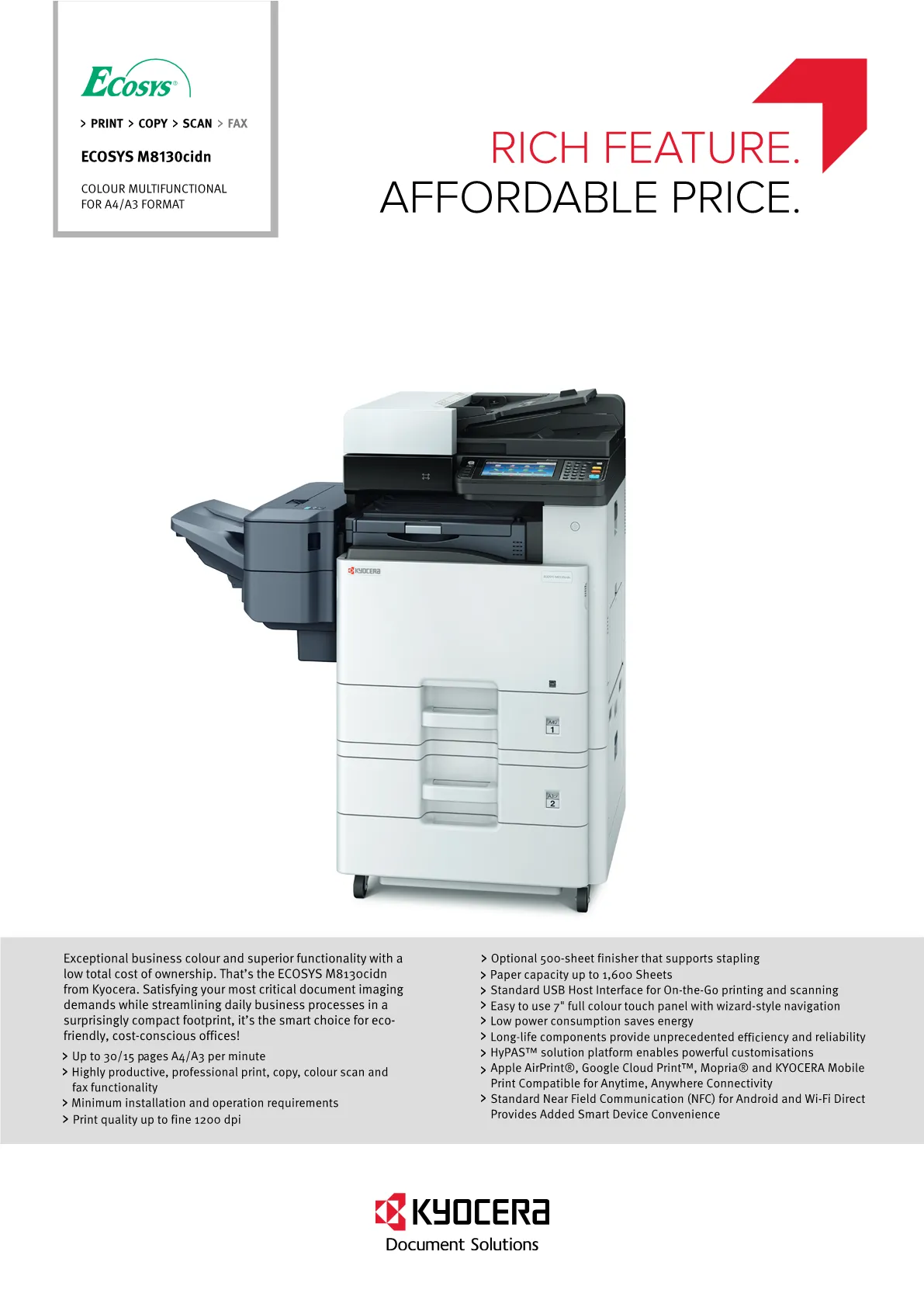 KYOCERA ECOSYS MFP M8130CIDN A3 COLOUR- 30PPM A - 1102P33AS0