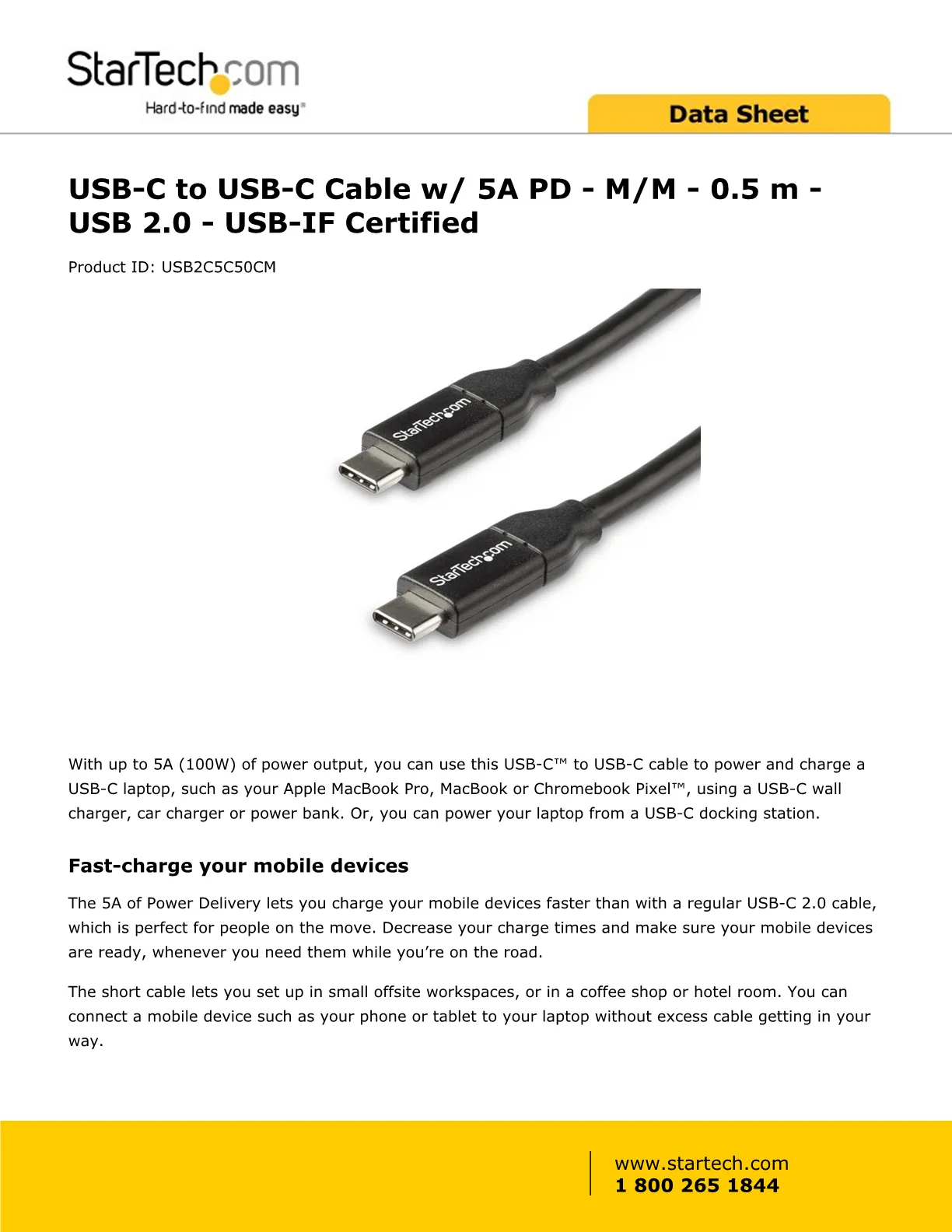 StarTech.com USB2C5C50CM USB C to USB C Cable - 1.5 ft / 0.5m - 5A PD -  White - USB 2.0 - USB-IF Certified - USB Type C Cable - USB C Charging Cable