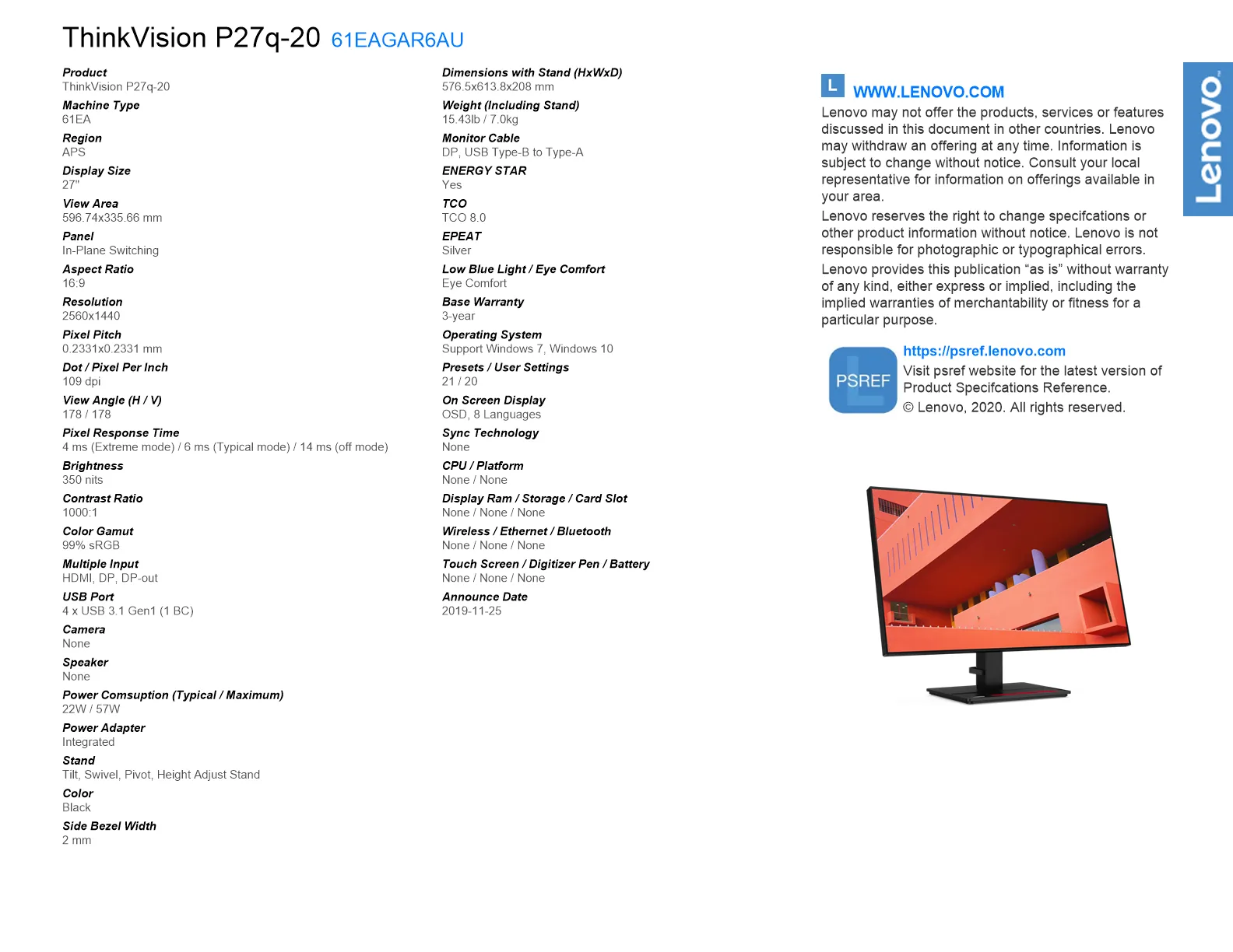 ThinkVision P27q-20 27 QHD Monitor