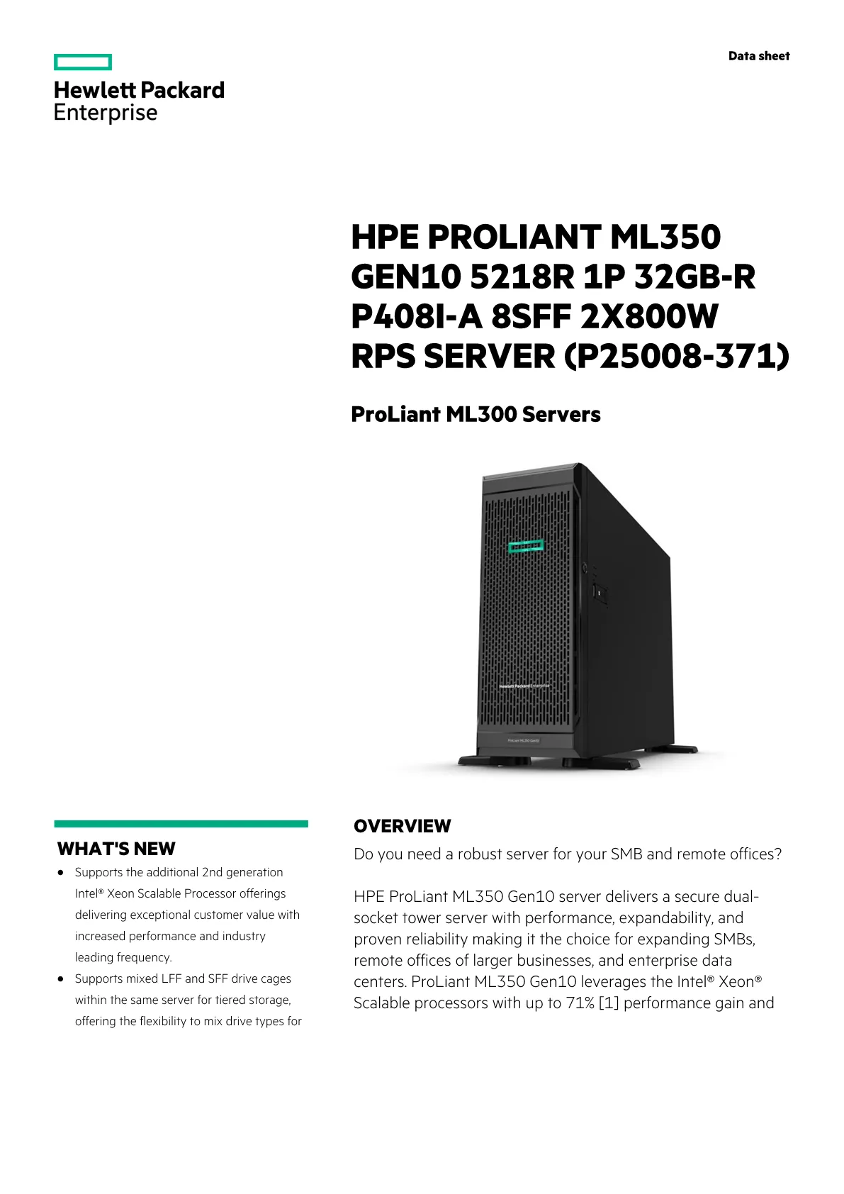 HPE ML350 GEN10 5218R (1/2) 32GB(1/12)-SATA/SAS P25008-371