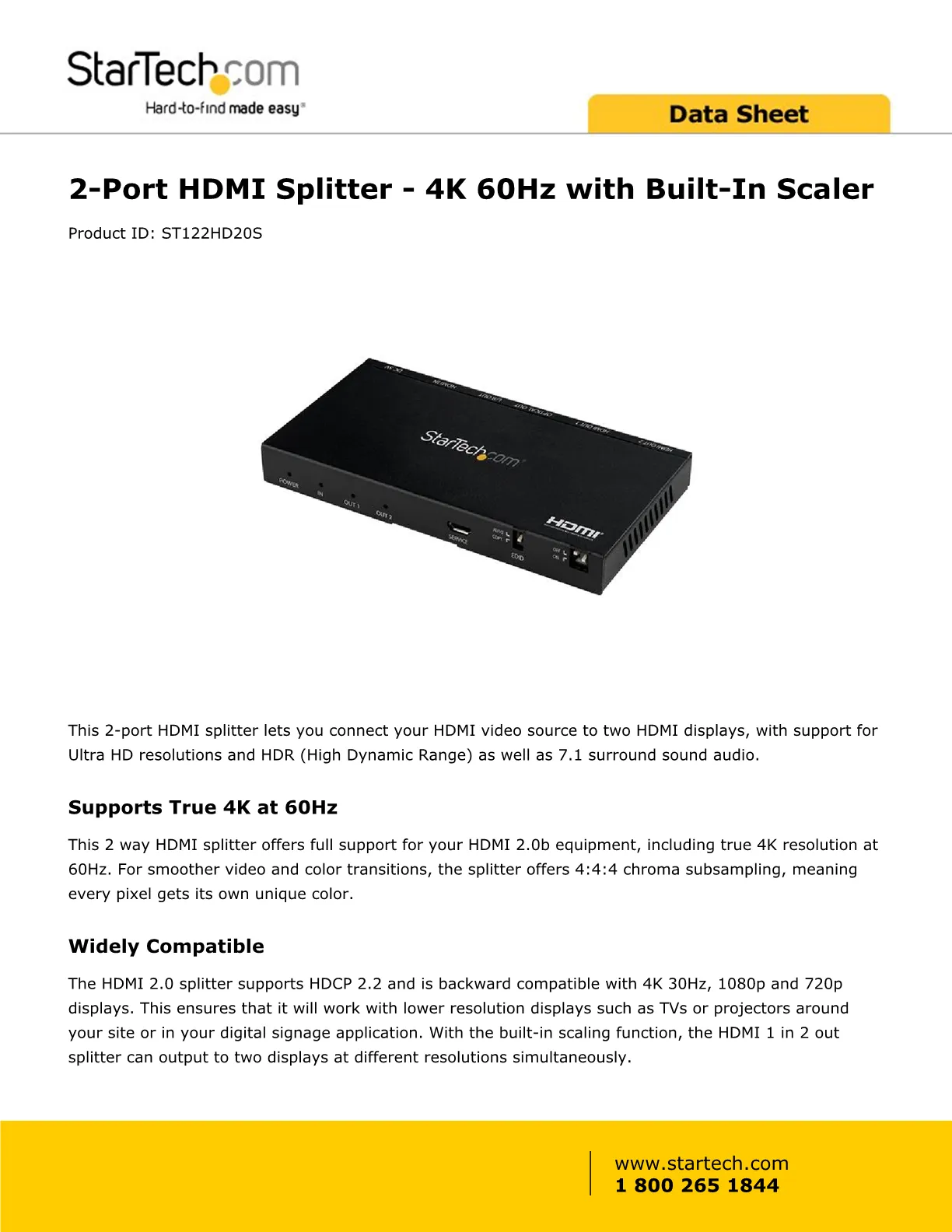 StarTech.com HDMI Splitter - 2-Port - 4K 60Hz - HDMI Splitter 1 In