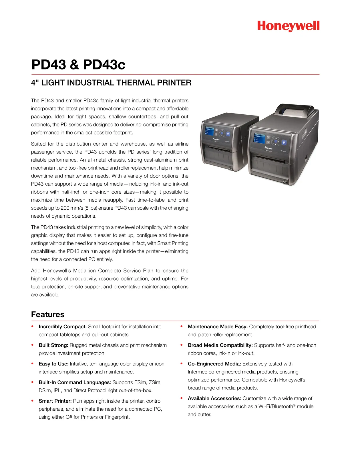 Intermec PD43A03100010301 Series PD43 Light Industrial Printer, Ethernet, Thermal Transfer, 300 dpi, US Cord - 1