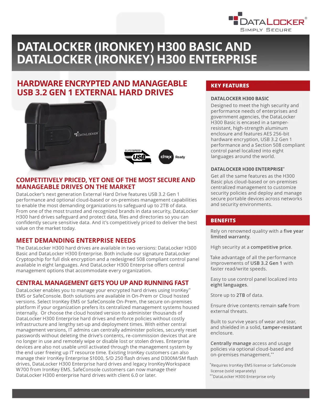 DataLocker (IronKey) H300 1TB Encrypted External Hard Drive - 3