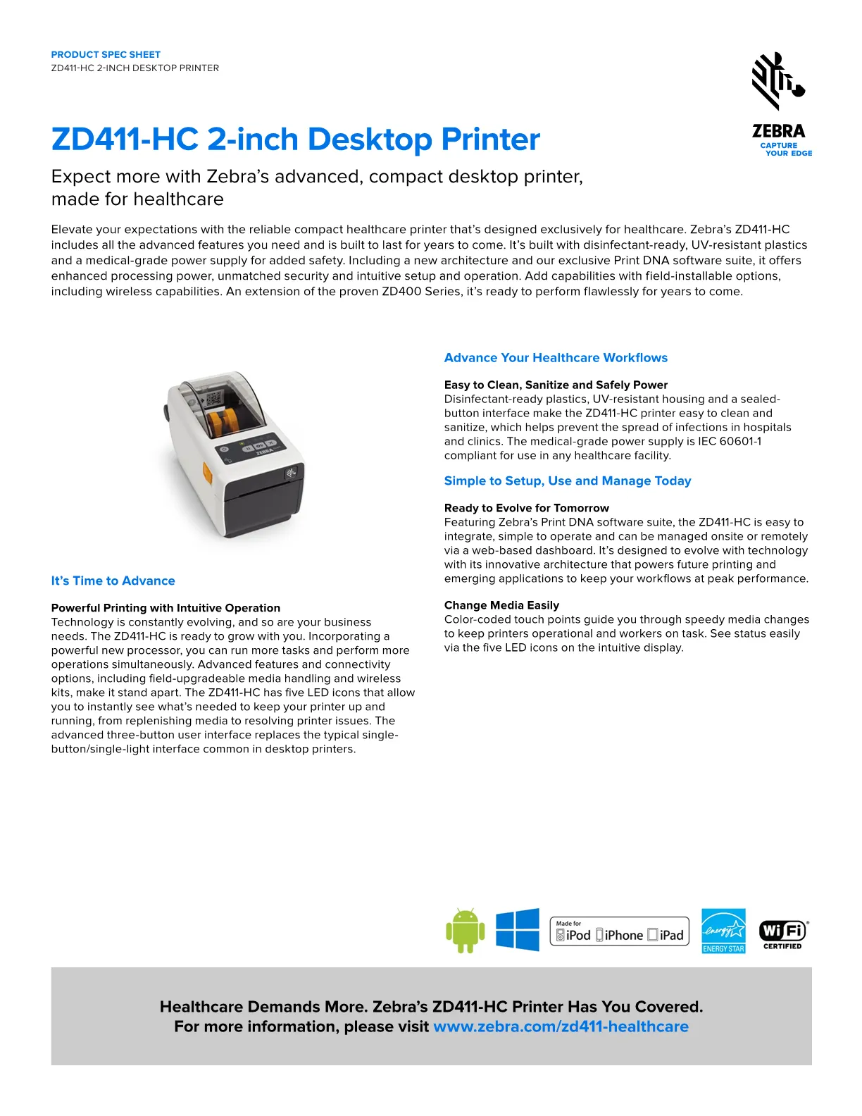 ZEBRA D/TOP ZD411-HC 203DPI D/T BT/ETH/US ZD4AH22-D0PE00EZ