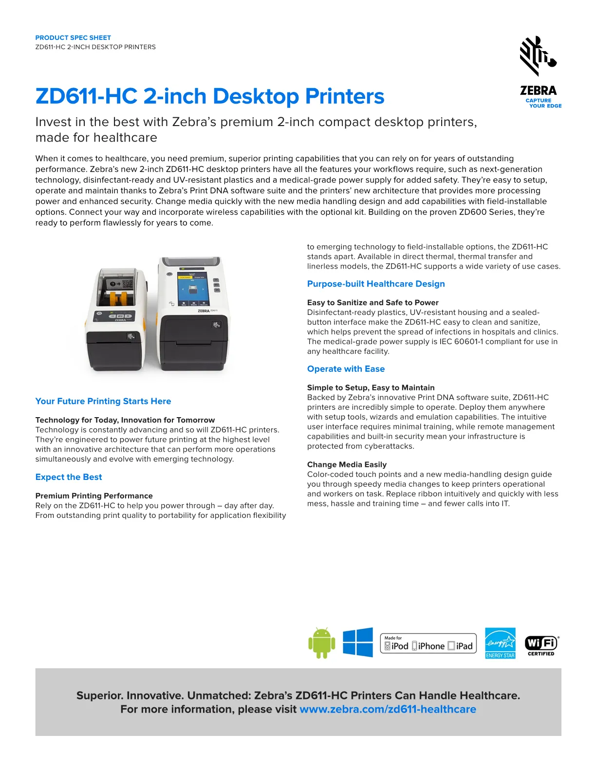 ZEBRA D/TOP ZD611-HC 300DPI D/T BT/ETH/US ZD6AH23-D0PE00EZ