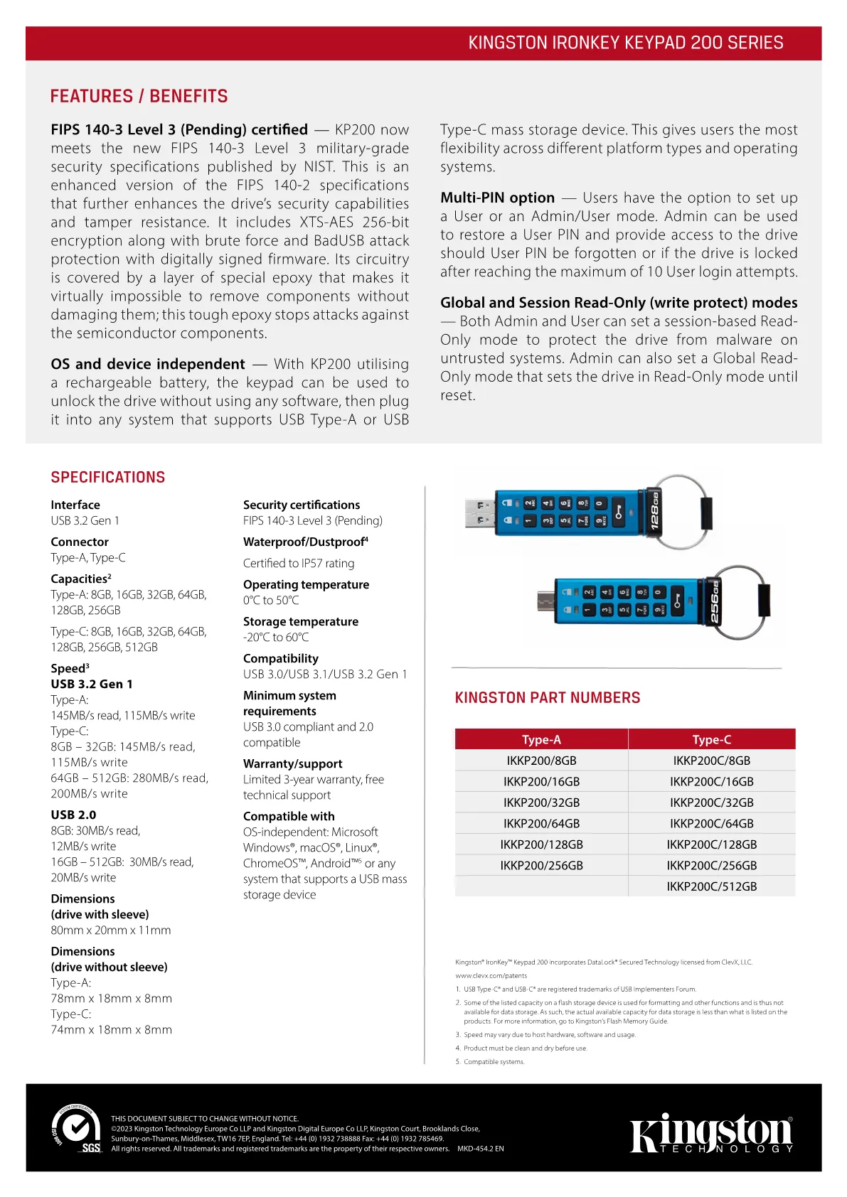 KINGSTON 256GB USB-C IronKey Keypad 200C FI - IKKP200C/256GB