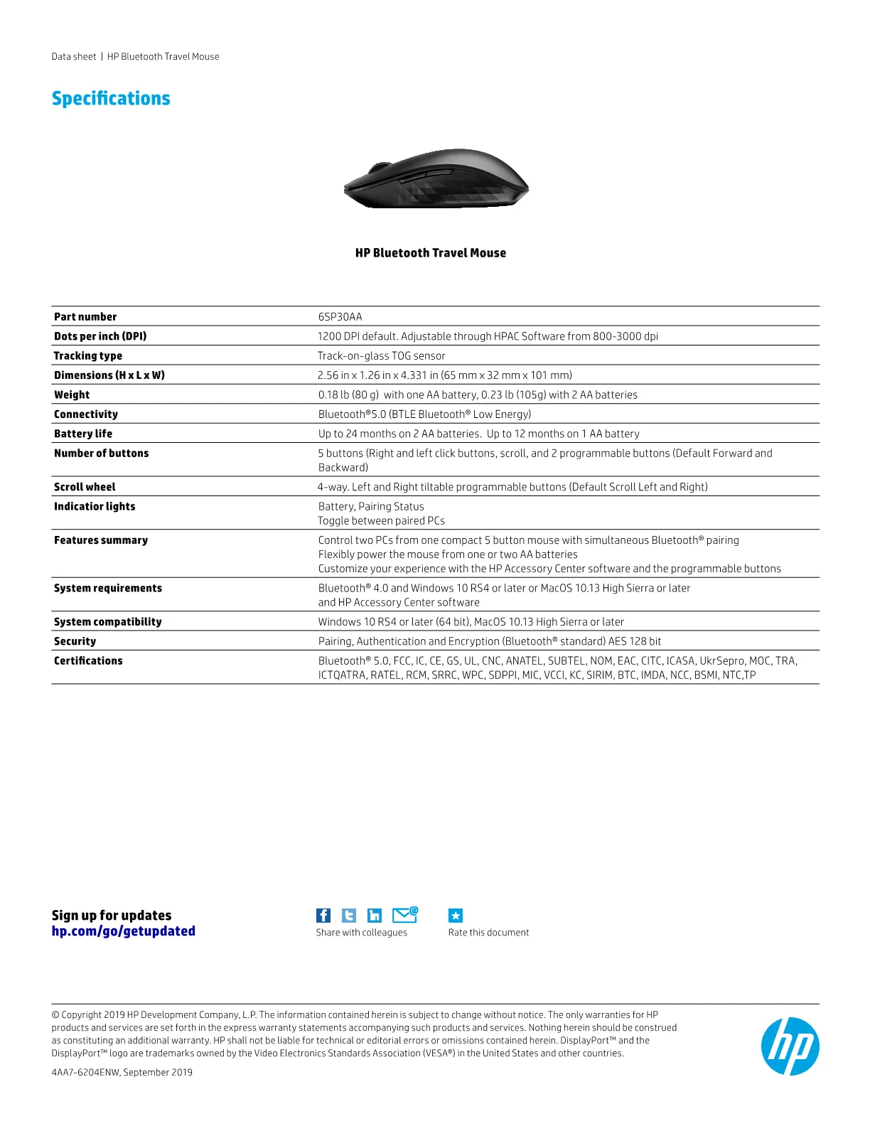 HP Bluetooth Travel Mouse - 6SP25AA